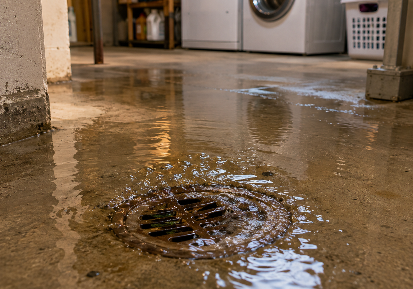 Basement Laundry Drain and Rippling Water